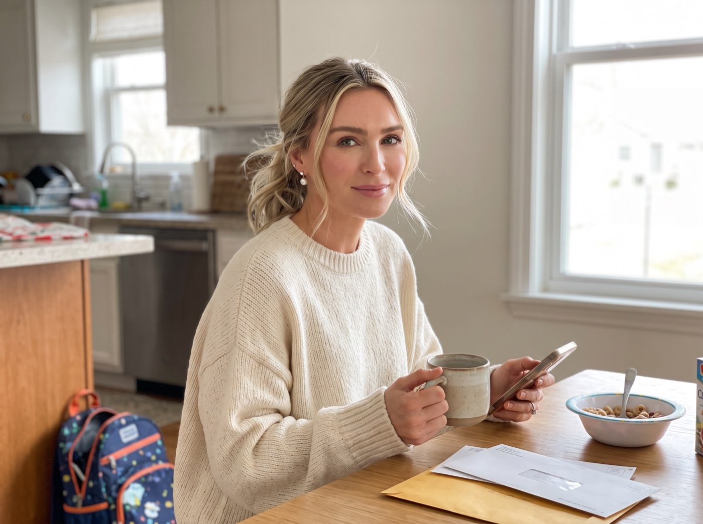 Britt at her kitchen table with coffee