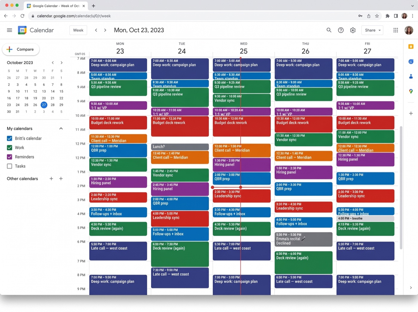 My actual work calendar, a full week of back-to-back meetings